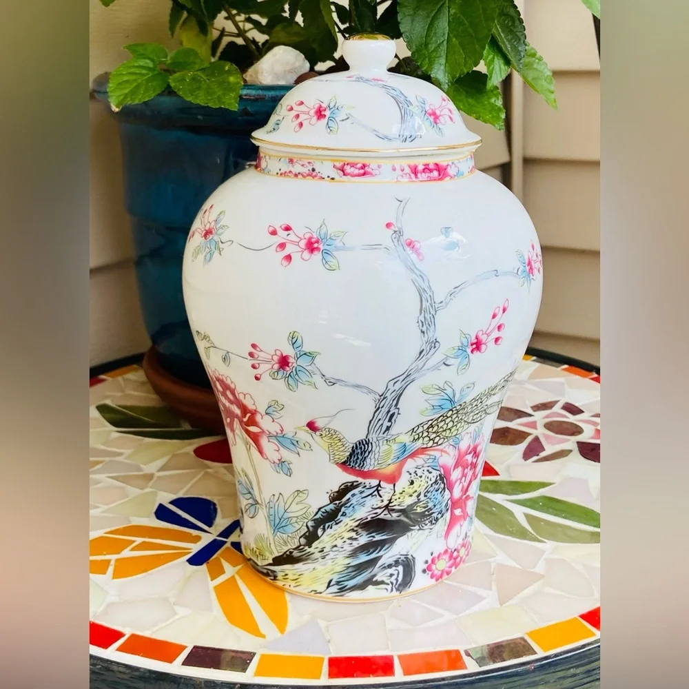 NWT Hand Painted Urn/Vessel Featuring Pheasants,Flowers,Foliage,Detailed Designs
